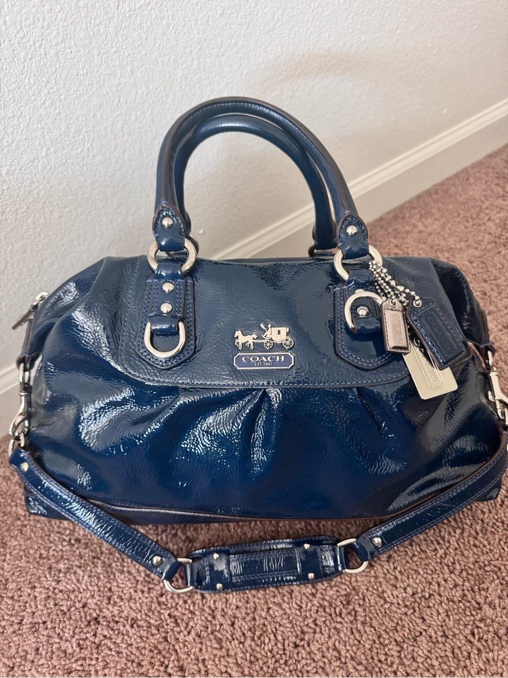Coach PatentLeather BLUE Madison Satchel in Navy